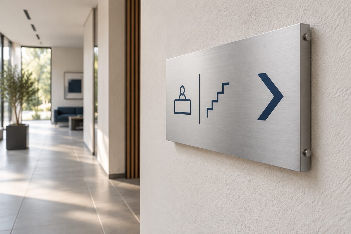 Señalética de aluminio cepillado con pictogramas en azul marino, generado con IA