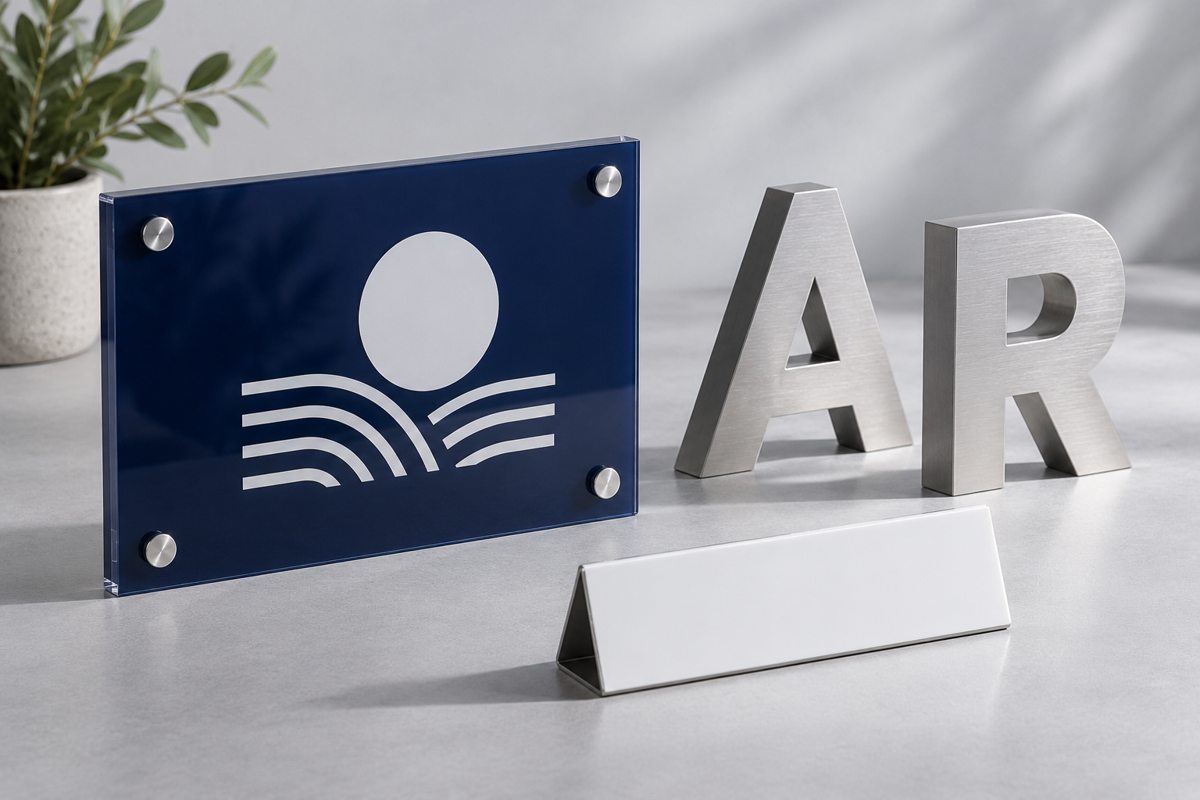 Composición de placas y letras corpóreas en azul, plata y blanco, generado con IA